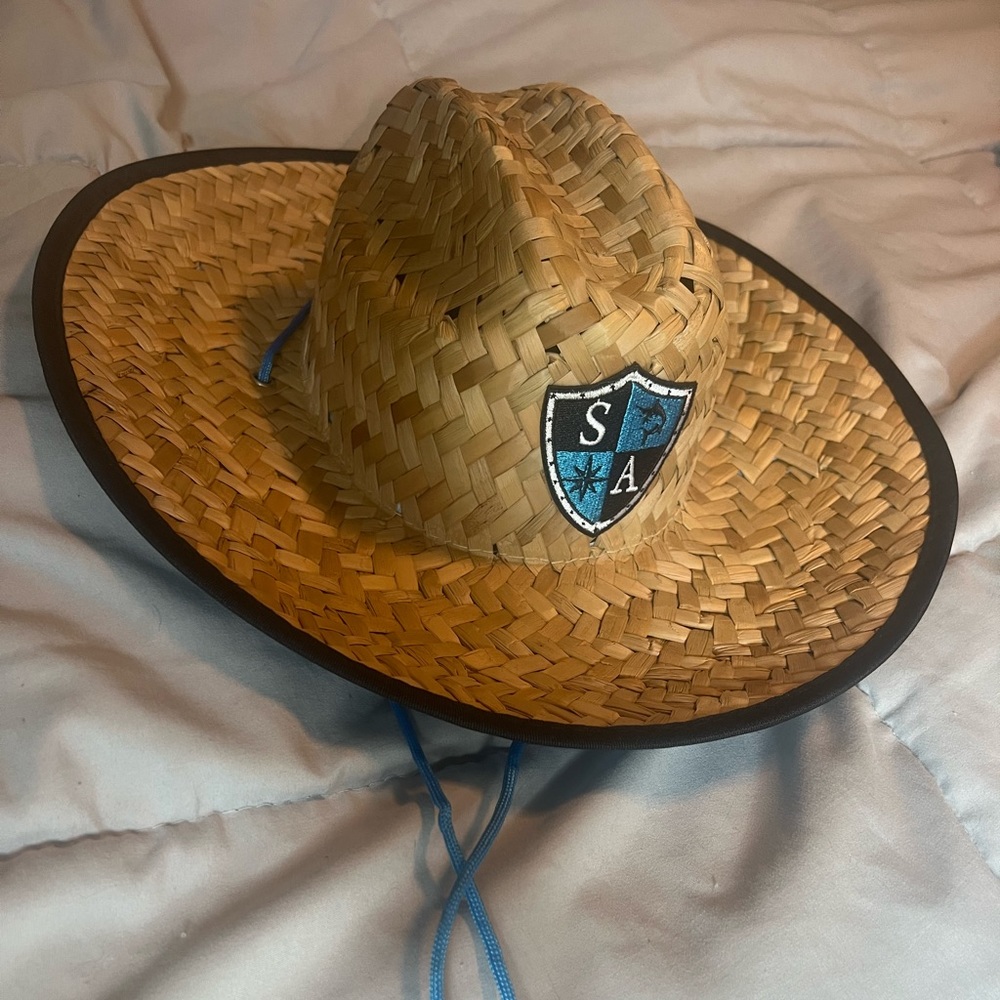 Youth size SAFishing straw woven hat with blue shark fin print